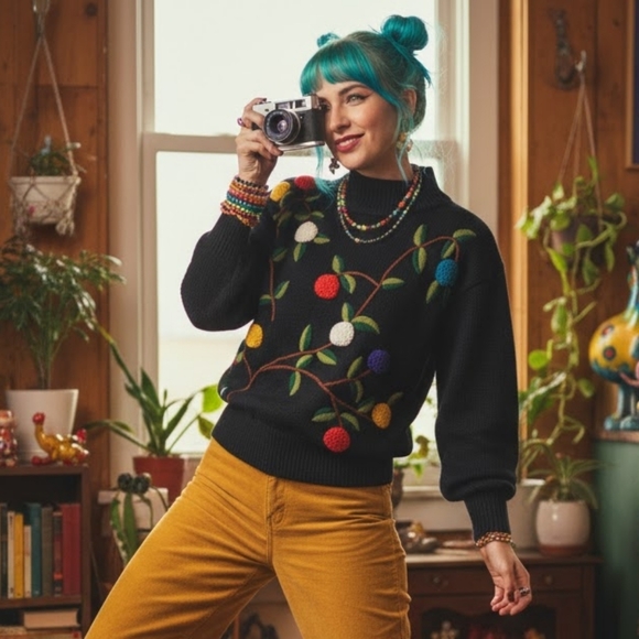 Vintage Sweaters - Vintage Embroidered Floral Mock Neck Wool Blend Sweater Size S